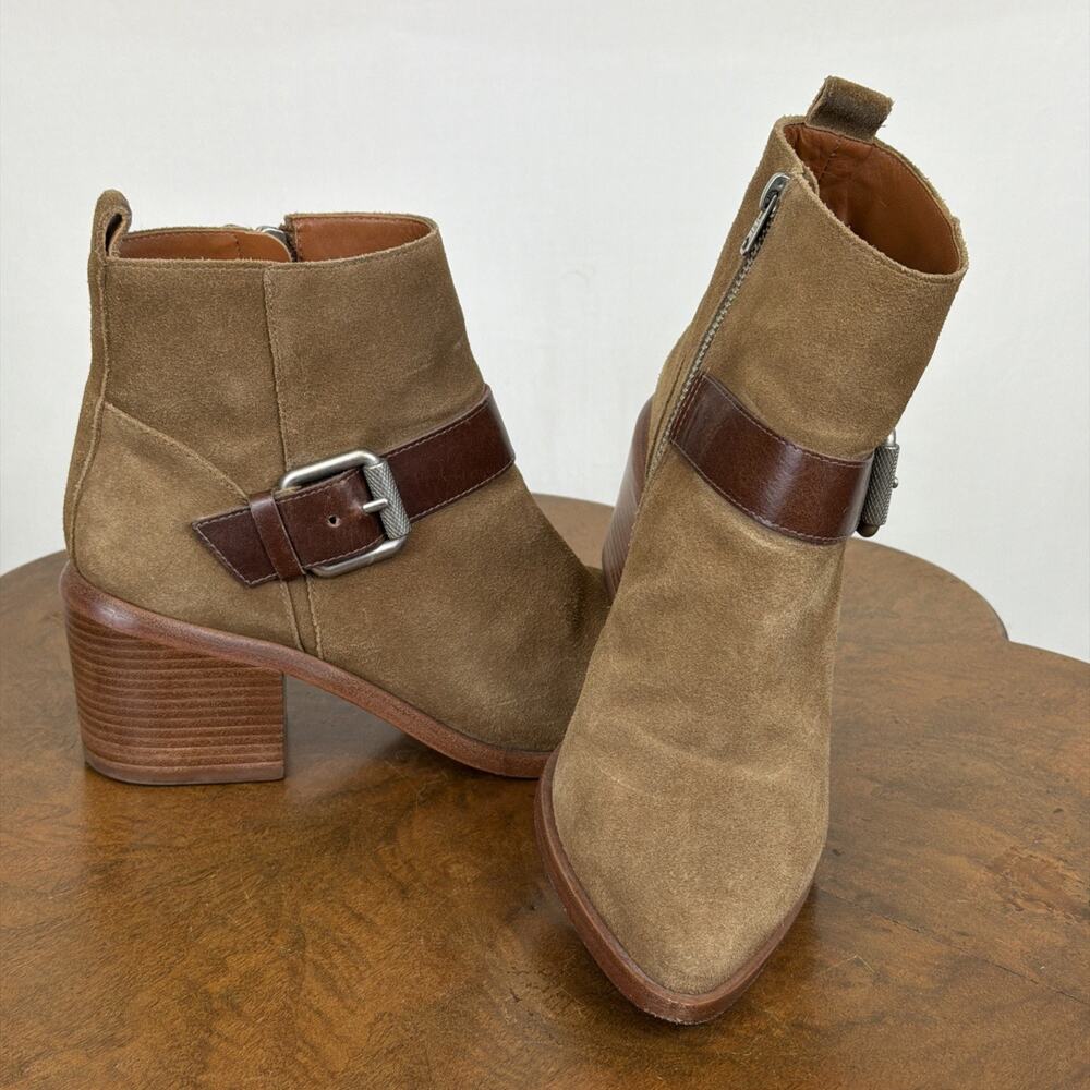 AllSaints Tan Suede Ankle Boots Leather Strap Buckle Pointed Toe Womens 8 Brazil